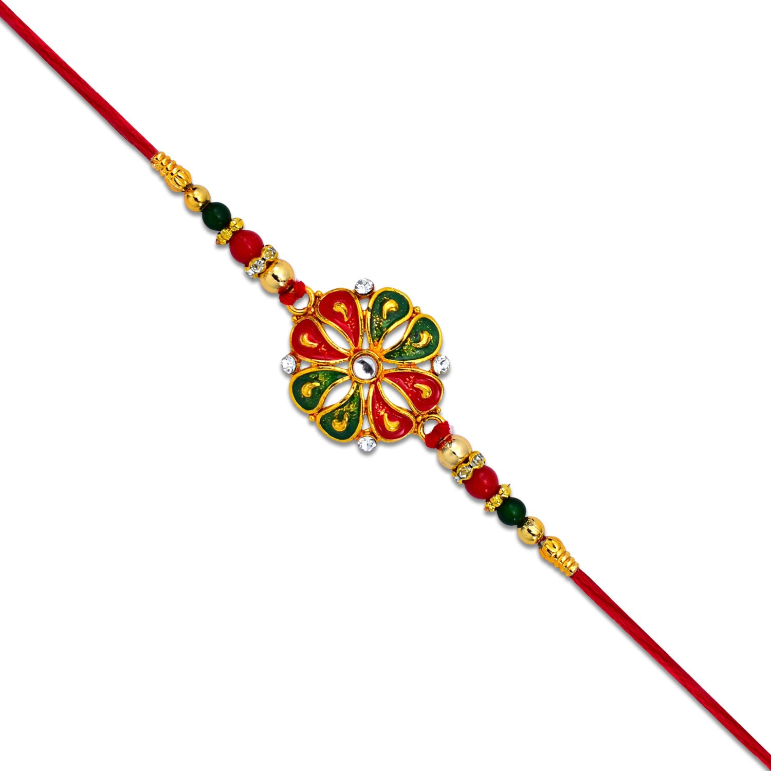 Designer Flower Rakhi With Colorful Enamel Petals And Golden Beads Designer Flower Rakhi With Colorful Enamel Petals And Golden Beads